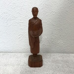 Hand Carved Wood Sculpture Standing Buddhist Monk Figure Carrying Alms Bowl 10"